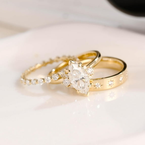 Diastar Jewels Marquise Cut Cubic Zirconia 14K Yellow Gold Finish Wedding Trio Ring Set