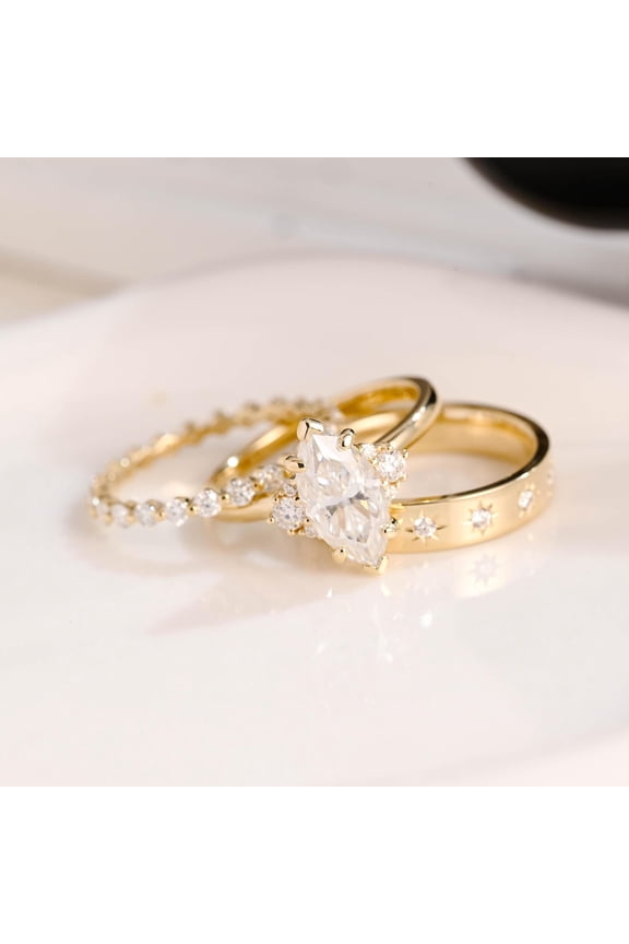 Marquise Cut Cubic Zirconia 14K Yellow Gold Finish Wedding Trio Ring Set