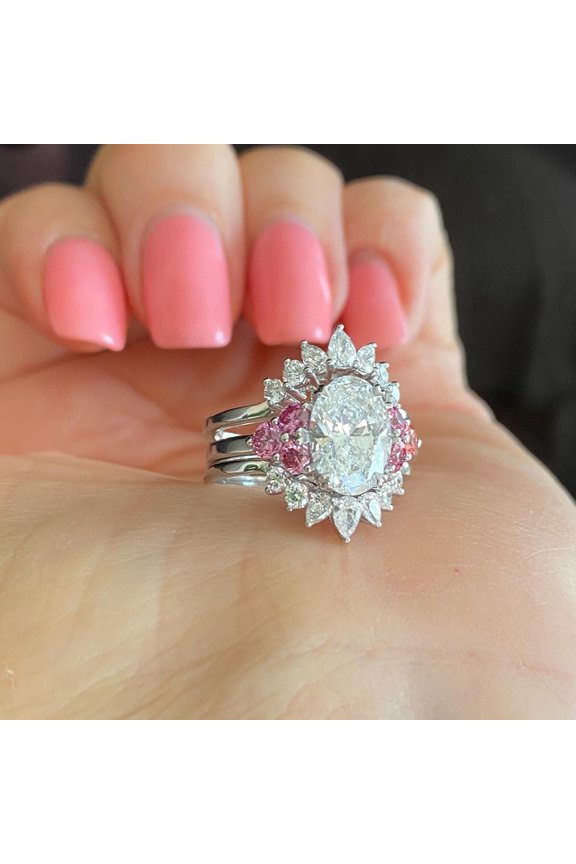 Oval Cut Cubic Zirconia 14K White Gold Finish Bridal Ring Set For Wedding