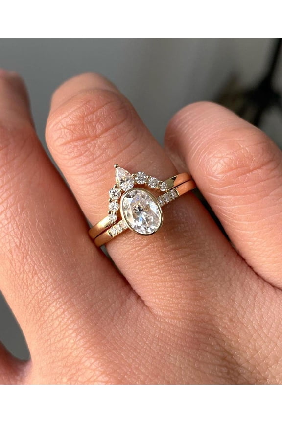 Oval Cut Cubic Zirconia 14K Yellow Gold Finish Wedding Engagement Ring Set