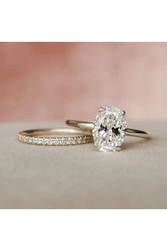 Oval Cut Diamond Bridal Ring Set, Hidden Halo Diamond Wedding Set, Solid 14K Yellow Gold Finish Engagement Ring Set