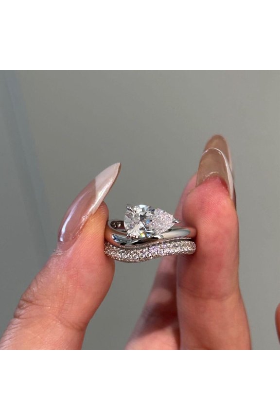 Pear Cut Cubic Zirconia 14K White Gold Finish Wedding Bridal Ring Set