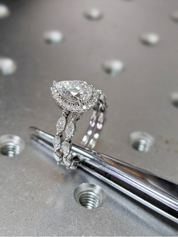 Pear Shape Cubic Zirconia Engagement Bridal Ring Set 14K White Gold Finish