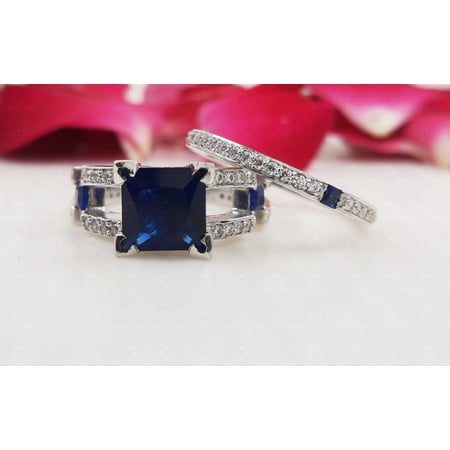 Diastar Jewels Princess Cut Blue Cubic Zirconia 14K White Gold Finish Wedding Bridal Ring Set