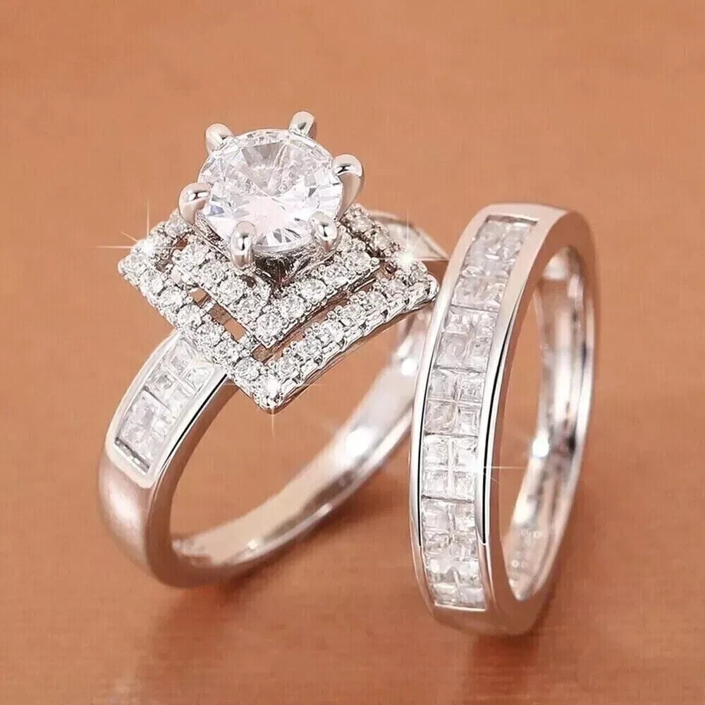 Diastar Jewels Round Cut 3Ct Cubic Zirconia Wedding Bridal Ring Set 14k ...