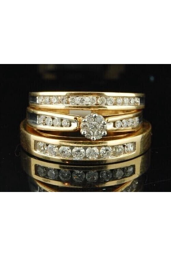 Round Cut CZ Trio Engagement Ring Bridal Band Set 14K Yellow Gold Finish