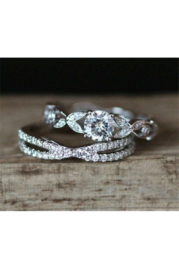 Round Cut Cubic Zirconia 14K White Gold Finish Wedding Engagement Ring Set