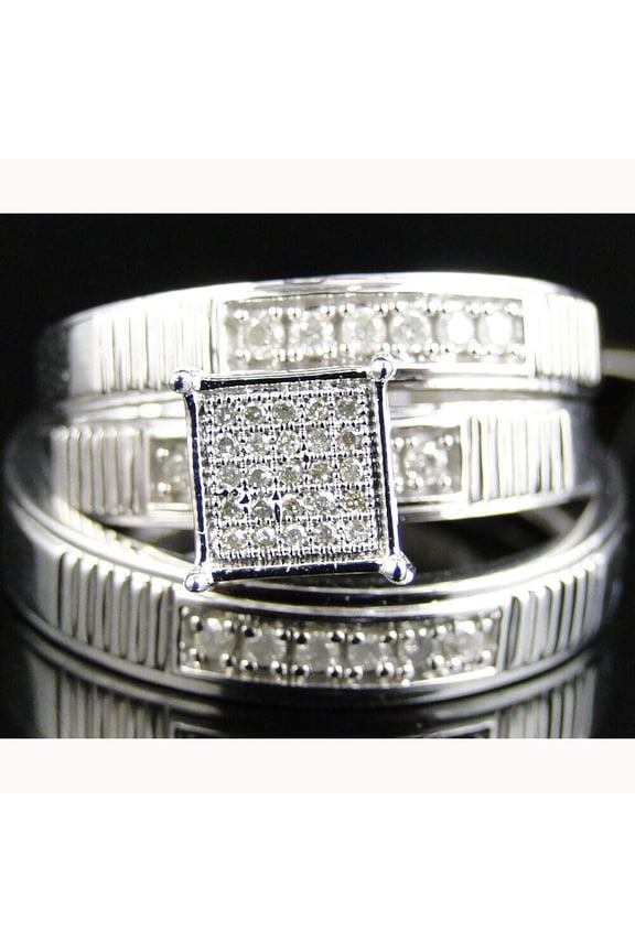 Round Cut Cubic Zirconia 14K White Gold Finish Wedding Trio Ring Set His & Hers