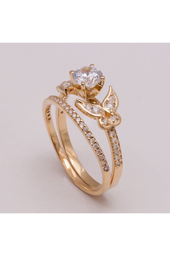 Round Cut Cubic Zirconia 14K Yellow Gold Finish Wedding Bridal Ring Set