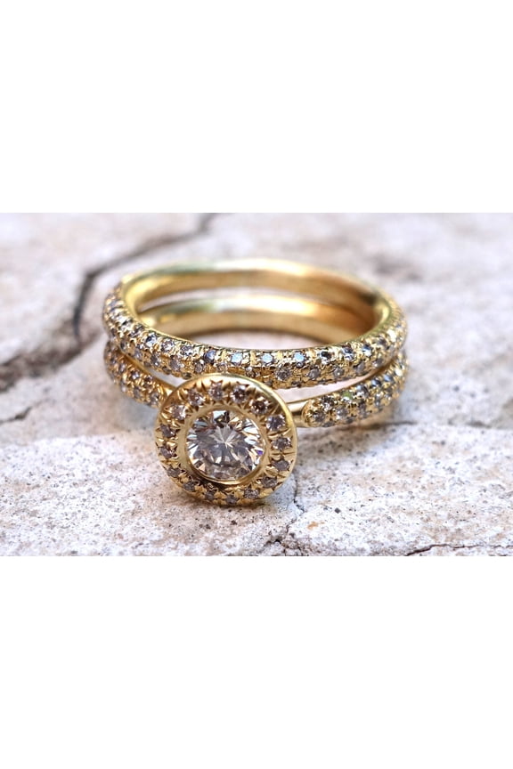 Round Cut Cubic Zirconia 14K Yellow Gold Finish Wedding Engagement Ring Set
