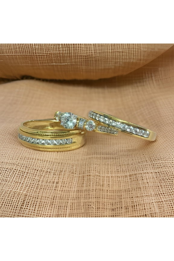 Trio Wedding Set Ring with Band in 14kt Gold Finish Sterling Silver, Cubic Zirconia Bridal Sets, Anniversary Gift for Her
