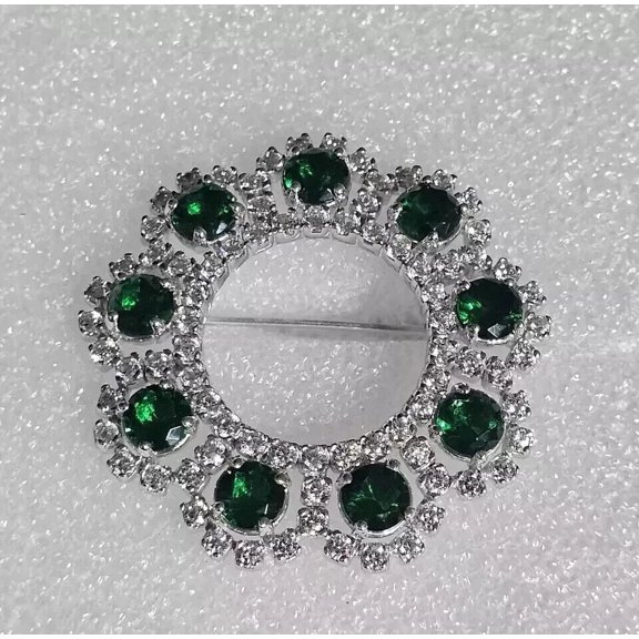 Diastar Jewels Wedding Brooch Pin Green Cubic Zirconia 14K White Gold Finish 3Ct Round Cut