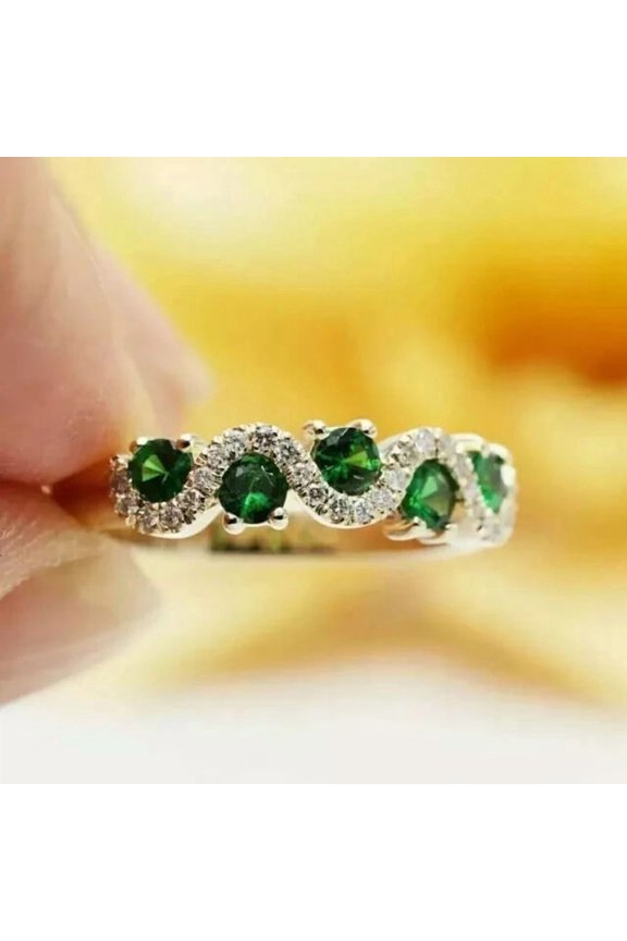 Wedding Engagement Band Ring Round Cut Green Cubic Zirconia 14K Yellow Gold Plated