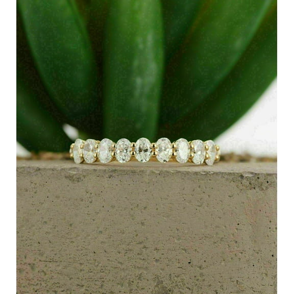 Diastar Jewels White Oval Cut Diamond Half Eternity Wedding Band Ring 14K Yellow Gold Plated Silver For Women's