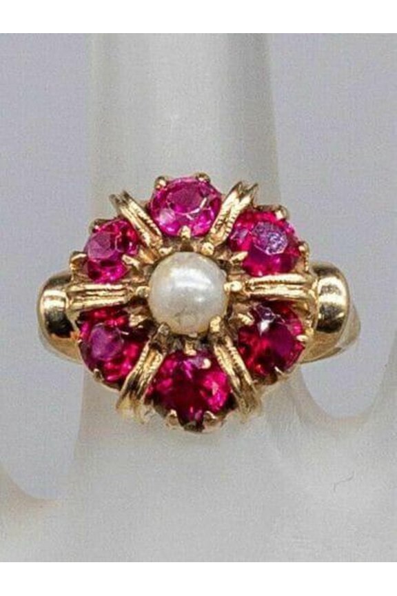 Women's Round Cut Ruby & Pearl Crown Ring, 14K Yellow Gold Finish Silver For Engagement Wedding