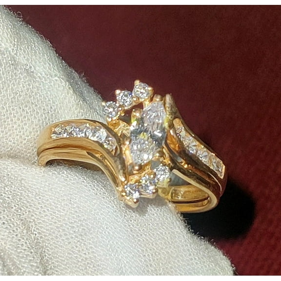 Diastar Marquise Cut Cubic Zirconia 14K Yellow Gold Finish Silver Wedding Bridal Ring Set