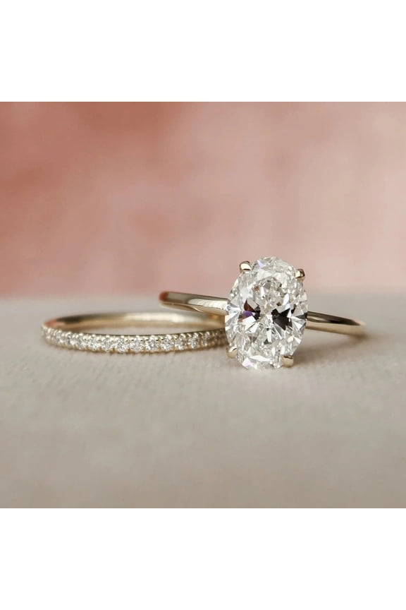 Oval Cut Round Cut Cubic Zirconia Wedding Set, 14K Yellow Gold Finish Engagement Ring Set