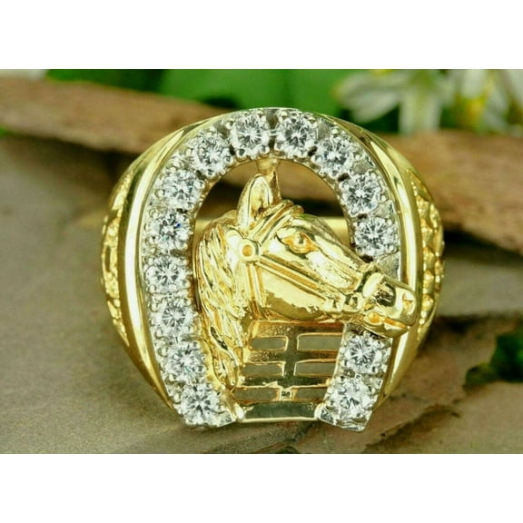 Diastar engagement ring Horseshoe Signet Ring 14K Yellow Gold Finish Silver Cubic Zirconia christmas