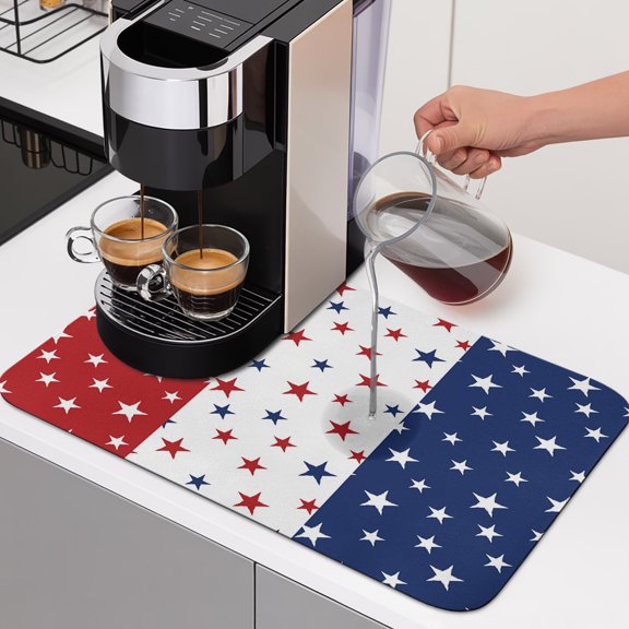 Diatomaceous Dish Drying Mat for Kitchen Counter,4th of July Patriotic Stars Flag Absorbent Dishes Drainer Pad Coffee Mats Bar Accessories Freedom Red Blue White Dish Drying Pad,12x16in
