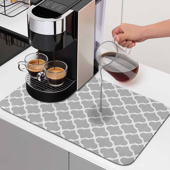 Diatomaceous Dish Drying Mat for Kitchen Counter,Abstract Geometric Pattern Absorbent Dishes Drainer Pad Coffee Mats Bar Accessories Modern Morocco Gray White Style Dish Drying Pad,12x16in