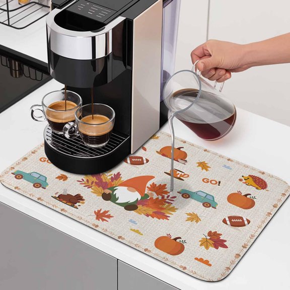 Diatomaceous Dish Drying Mat for Kitchen Counter,Autumn Gnome Maple Leaf on Linen Absorbent Dishes Drainer Pad Coffee Mats Bar Accessories Thanksgiving Cartoon Theme Dish Drying Pad,12x16in