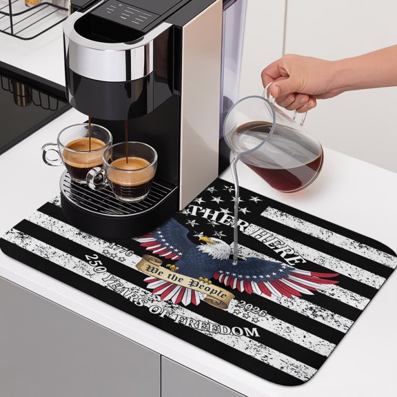 Diatomaceous Dish Drying Mat for Kitchen Counter,Black White American Flag Absorbent Dishes Drainer Pad Coffee Mats Bar Accessories July 4th Patriotic Eagle Star Stripe Dish Drying Pad,12x16in