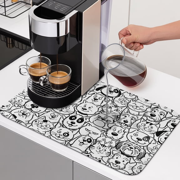 Diatomaceous Dish Drying Mat for Kitchen Counter,Black White Cat Dog Puppy Absorbent Dishes Drainer Pad Coffee Mats Bar Accessories Seamless Theme Dish Drying Pad,12x16in