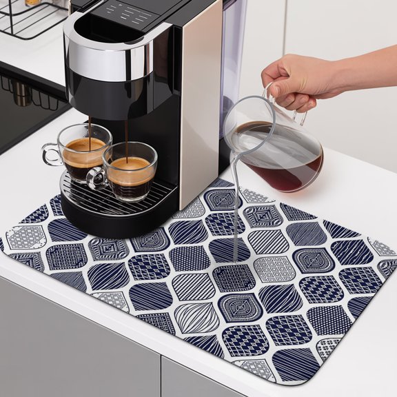 Diatomaceous Dish Drying Mat for Kitchen Counter,Blue Moroccan Geometric Pattern Absorbent Dishes Drainer Pad Coffee Mats Bar Accessories Traditional Ethnic Style Dish Drying Pad,12x16in