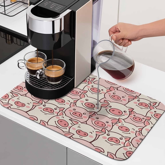 Diatomaceous Dish Drying Mat for Kitchen Counter,Cartoon Funny Cute Pink Pig Absorbent Dishes Drainer Pad Coffee Mats Bar Accessories Abstract Seamless Dish Drying Pad,12x16in