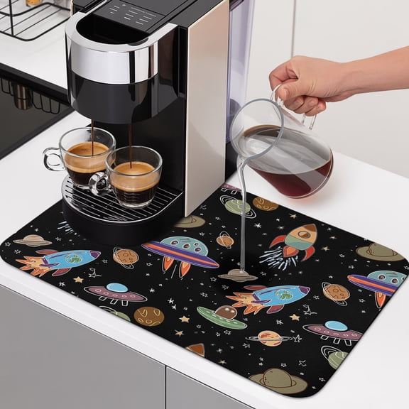 Diatomaceous Dish Drying Mat for Kitchen Counter,Cartoon Rocket Space Planet Absorbent Dishes Drainer Pad Coffee Mats Bar Accessories Cute Spaceship on Black Dish Drying Pad,12x16in