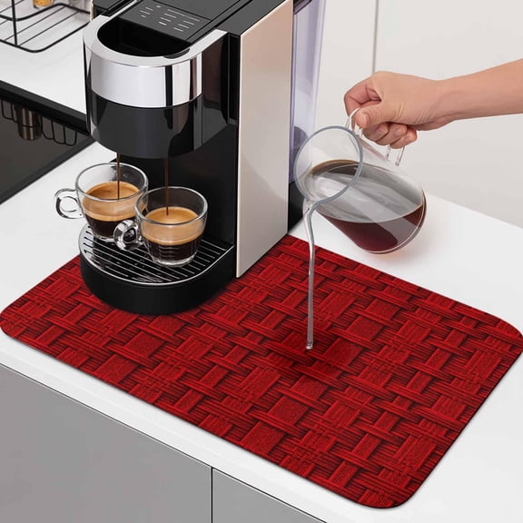 Diatomaceous Dish Drying Mat for Kitchen Counter,Christmas Red Weave Texture Absorbent Dishes Drainer Pad Coffee Mats Bar Accessories Rustic Lattice Knitting Pattern Dish Drying Pad,12x16in