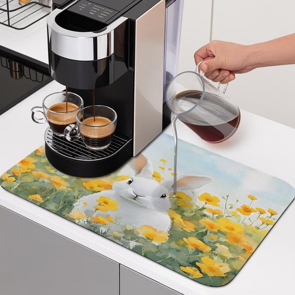 Diatomaceous Dish Drying Mat for Kitchen Counter,Easter Watercolor Cute Bunny Absorbent Dishes Drainer Pad Coffee Mats Bar Accessories Rabbit Yellow Flower Garden Dish Drying Pad,12x16in