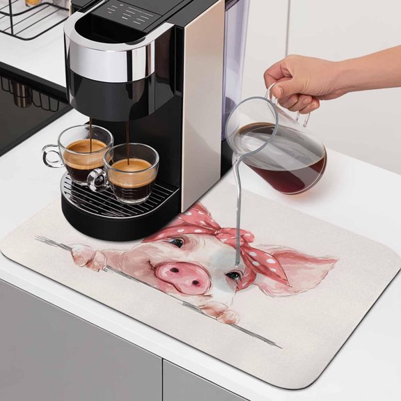 Diatomaceous Dish Drying Mat for Kitchen Counter,Farm Watercolor Pink Pig Absorbent Dishes Drainer Pad Coffee Mats Bar Accessories Cartoon Dish Drying Pad,12x16in