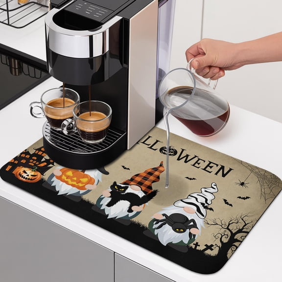 Diatomaceous Dish Drying Mat for Kitchen Counter,Halloween Gnome Pumpkin Ghost Black Cat Absorbent Dishes Drainer Pad Coffee Mats Bar Accessories Dead Trees Spiders- Dish Drying Pad,12x16in