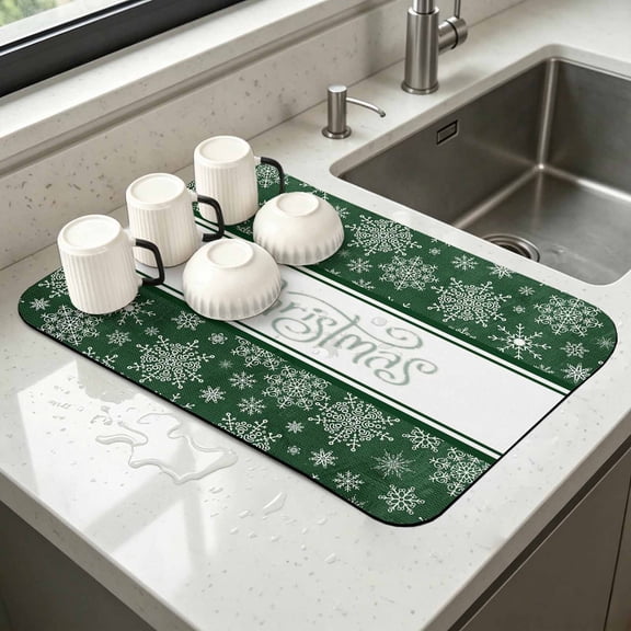 Diatomaceous Dish Drying Mat for Kitchen Counter,Merry Christmas Snowflakes Seamless Absorbent Dishes Drainer Pad Coffee Mats Bar Accessories Winter Snow Dark Green Dish Drying Pad,12x16in