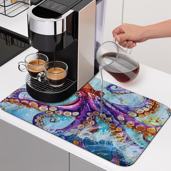 Diatomaceous Dish Drying Mat for Kitchen Counter,Nautical Ocean Sea Monster Octopus Absorbent Dishes Drainer Pad Coffee Mats Bar Accessories Coastal Gradient Sealife Art Dish Drying Pad,12x16in