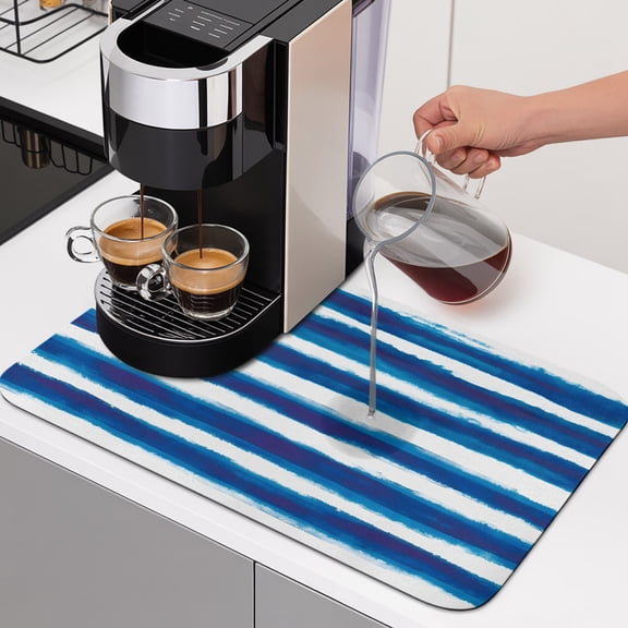 Diatomaceous Dish Drying Mat for Kitchen Counter,Ocean Blue Stripe Absorbent Dishes Drainer Pad Coffee Mats Bar Accessories Summer Beach Coastal Theme Dish Drying Pad,16x18in