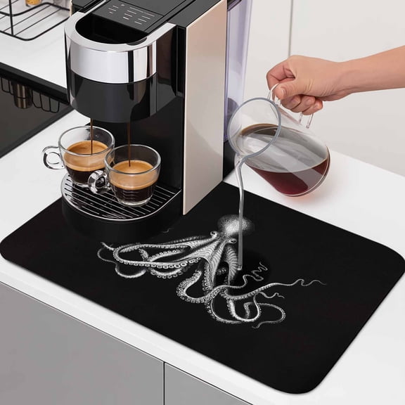 Diatomaceous Dish Drying Mat for Kitchen Counter,Ocean Octopus Marine Life Absorbent Dishes Drainer Pad Coffee Mats Bar Accessories Huge Monster on Black Dish Drying Pad,12x16in