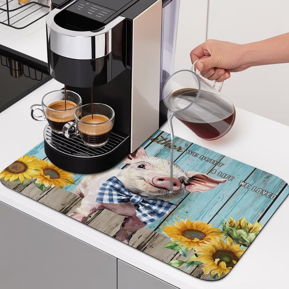 Diatomaceous Dish Drying Mat for Kitchen Counter,Retro Farm Cute Pig Sunflower Absorbent Dishes Drainer Pad Coffee Mats Bar Accessories Vintage Blue Wood Board Dish Drying Pad,12x16in