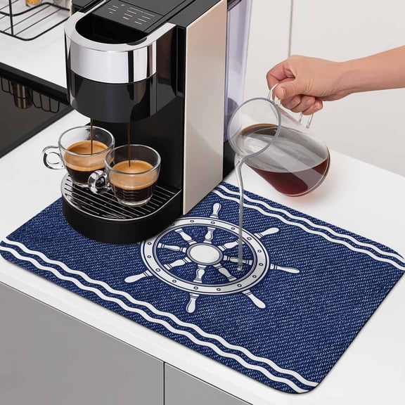 Diatomaceous Dish Drying Mat for Kitchen Counter,Summer Marine Nautical Rudder Denim Absorbent Dishes Drainer Pad Coffee Mats Bar Accessories Ocean Theme Helm Navy Blue Dish Drying Pad,12x16in