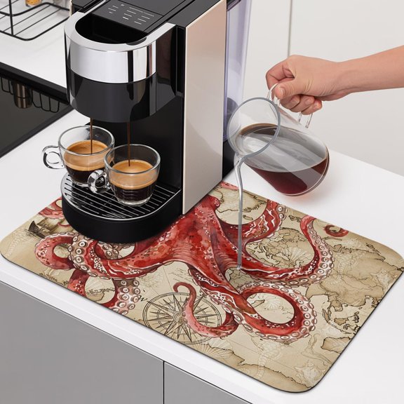 Diatomaceous Dish Drying Mat for Kitchen Counter,Summer Red Big Octopus Absorbent Dishes Drainer Pad Coffee Mats Bar Accessories Marine Life on Retro Map Dish Drying Pad,12x16in