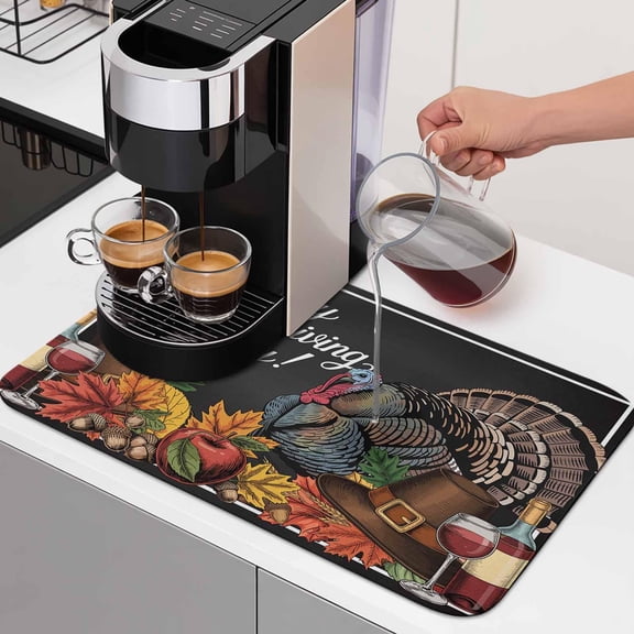 Diatomaceous Dish Drying Mat for Kitchen Counter,Thanksgiving Cartoon Turkey Pumpkin Absorbent Dishes Drainer Pad Coffee Mats Bar Accessories Autumn Leaves Cap Dish Drying Pad,12x16in