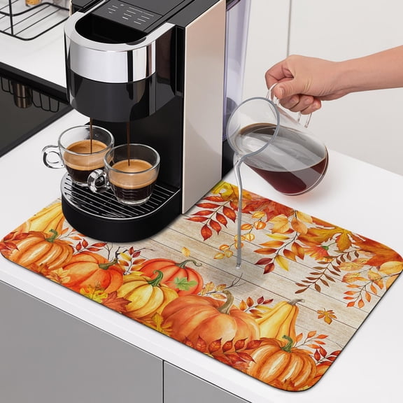 Diatomaceous Dish Drying Mat for Kitchen Counter,Thanksgiving Pumpkin Fall Orange Maple Leaves Absorbent Dishes Drainer Pad Coffee Mats Bar Accessories Farm Wood Board Dish Drying Pad,12x16in
