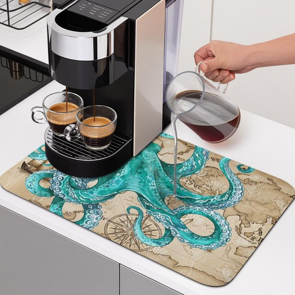 Diatomaceous Dish Drying Mat for Kitchen Counter,Vintage Blue Big Octopus Boats Absorbent Dishes Drainer Pad Coffee Mats Bar Accessories Summer Marine Life Dish Drying Pad,12x16in