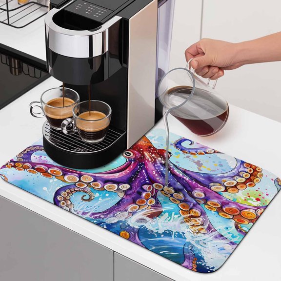 Diatomaceous Dish Drying Mat for Kitchen Counter,Watercolor Marine Octopus Absorbent Dishes Drainer Pad Coffee Mats Bar Accessories Ocean Huge Monster Surfing Dish Drying Pad,12x16in