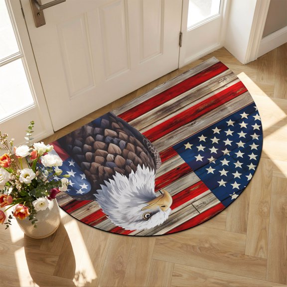 Diatomaceous Earth Bath Mat 16"x24", American Flag Absorbent Half Circle Bathroom Rugs with Non-Slip Backing Rubber, Low-Profile Doormat for Kitchen Sink Indoor Vintage Eagle Blue Red USA Flag