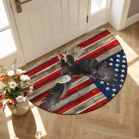 Diatomaceous Earth Bath Mat 16"x24", American Flag Absorbent Half Circle Bathroom Rugs with Non-Slip Backing Rubber, Low-Profile Doormat for Kitchen Sink Indoor Eagle Blue Red USA Flag Retro