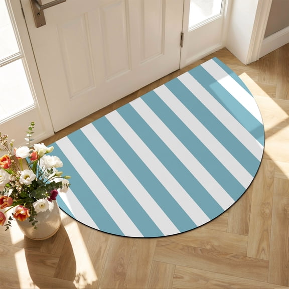 Diatomaceous Earth Bath Mat 16"x24", Aqua Striped Absorbent Half Circle Bathroom Rugs with Non-Slip Backing Rubber, Low-Profile Doormat for Kitchen Sink Indoor Modern Farmhouse Blue White Stripes