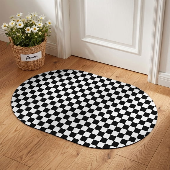 Diatomaceous Earth Bath Mat 16"x24", Black White Plaid Absorbent Bathroom Rugs with Non-Slip Backing Rubber, Low-Profile Doormat for Kitchen Sink Indoor Modern Buffalo Check Gingham Art