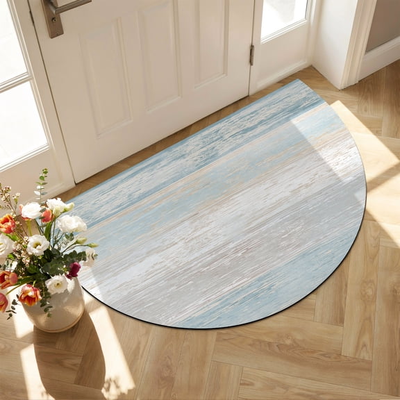 Diatomaceous Earth Bath Mat 16"x24", Blue Beige Farmhouse Absorbent Half Circle Bathroom Rugs with Non-Slip Backing Rubber, Low-Profile Doormat for Kitchen Sink Indoor Vintage Wooden Striped